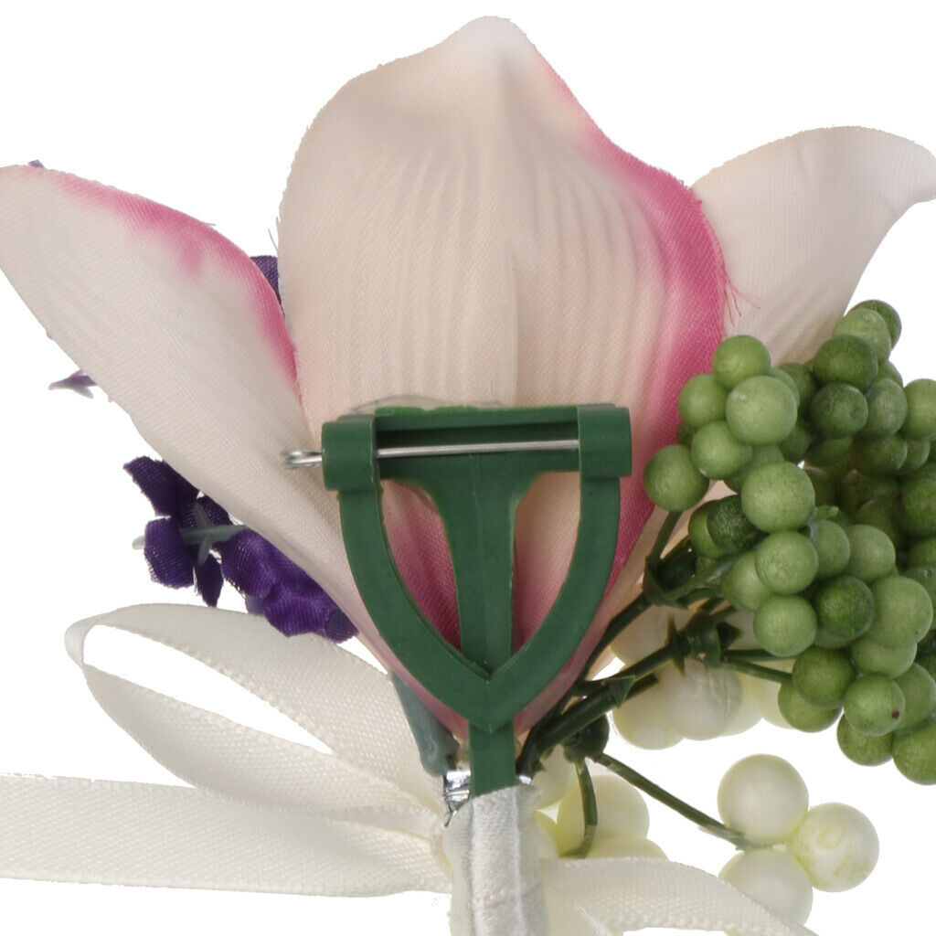 Wedding Bridal Groom Orchid Flower Boutonniere Corsage with Ribbon 8