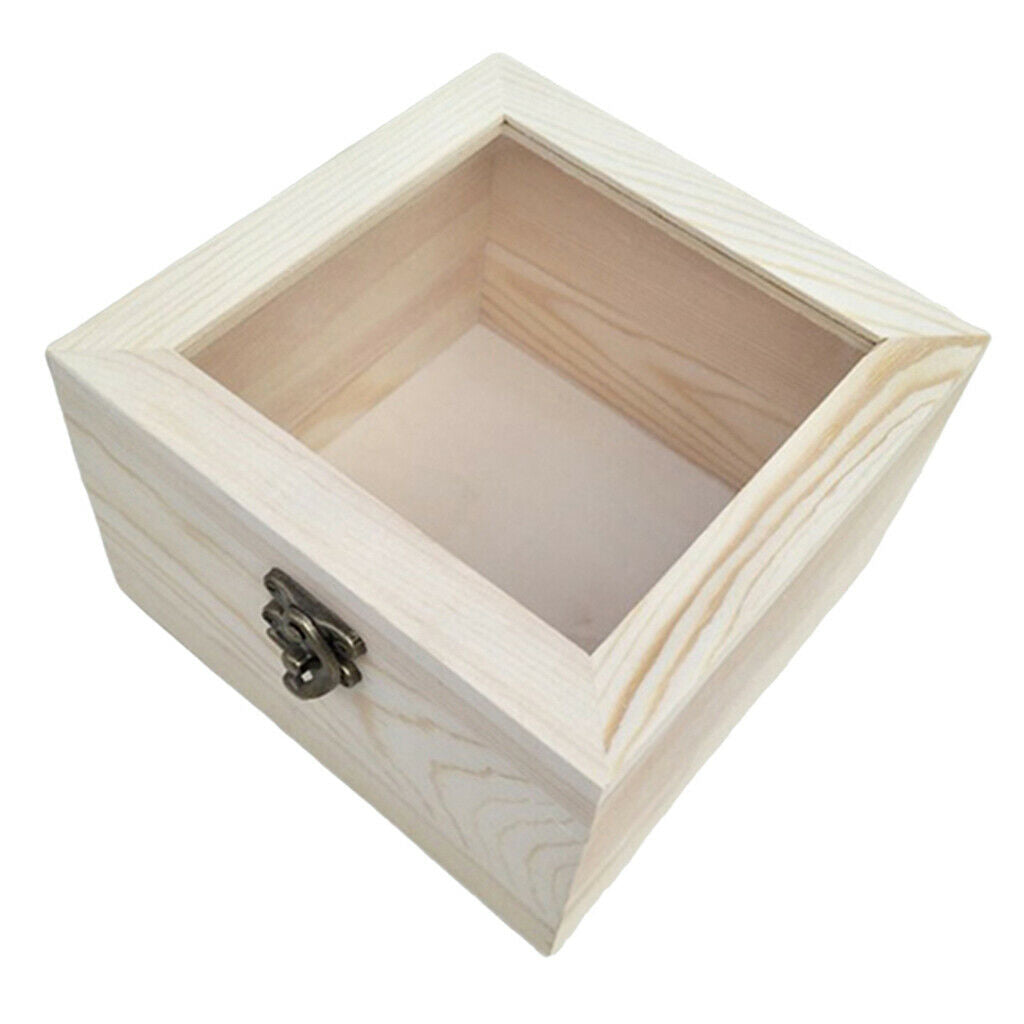 Wood Box Unpainted Hinged Jewelry Display Box Gift Packing Box Glass Lid 5#