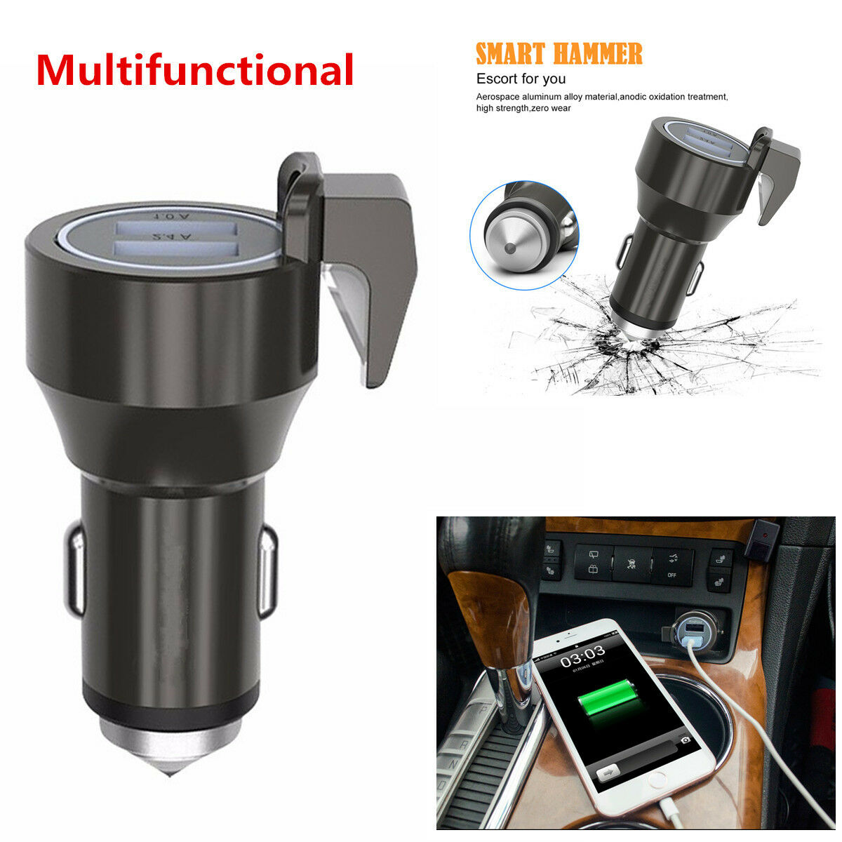 3in1 Multifunction LED Dual USB Auto Car Phone Charger Safety Hammer Belt Cutter