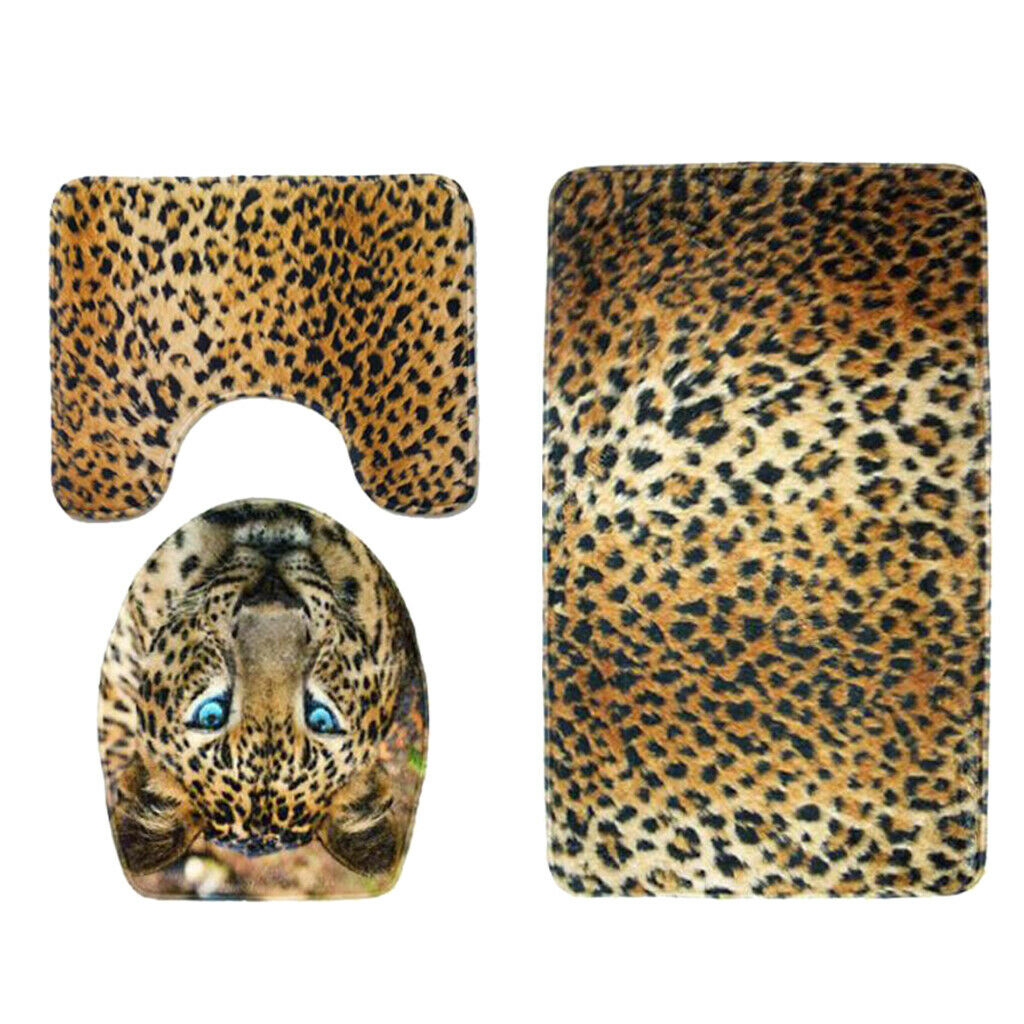 3 Pieces Flannel Toilet Lid Non Slip Bath Mat Bathroom Rug Set Leopard