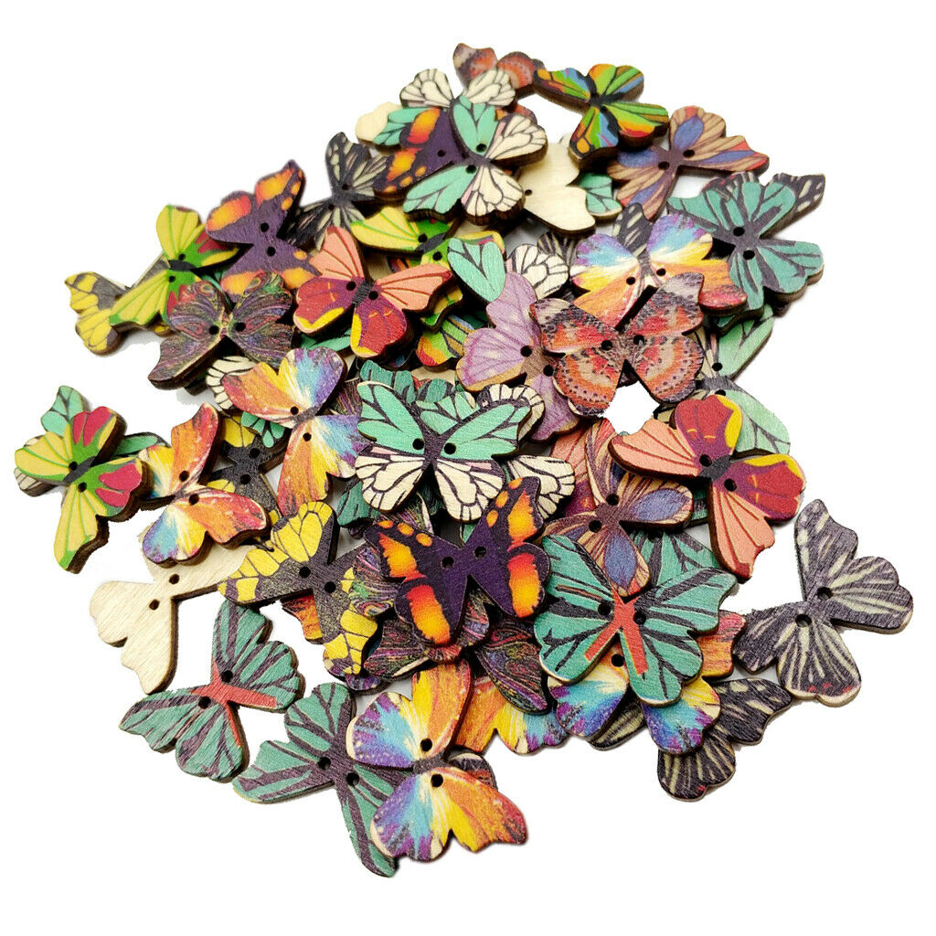 50pcs Mixed Butterfly Wood Buttons Clothing Decor Crafts Sewing Scrapbooking