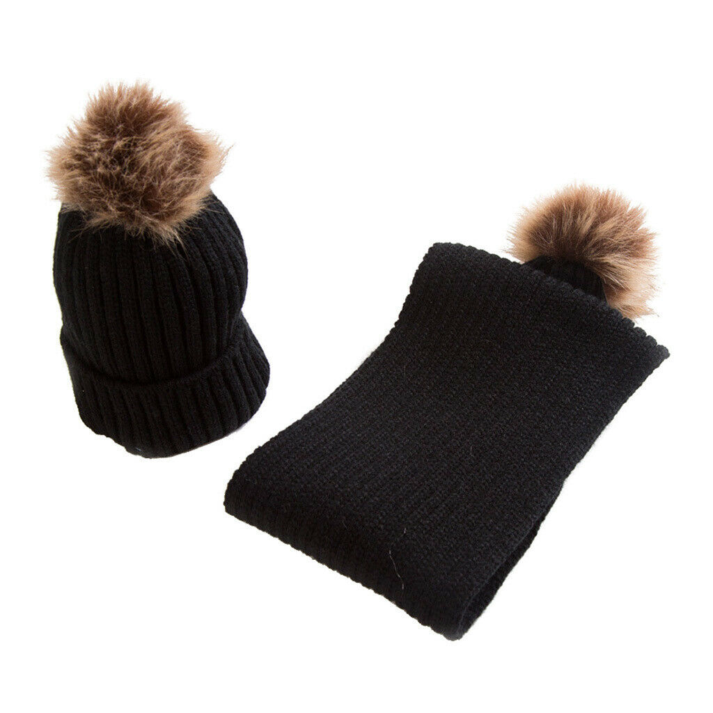 Toddler Kids Baby Winter Warm Pom Bobble Hat Knit Beanie   Scarf Set Black