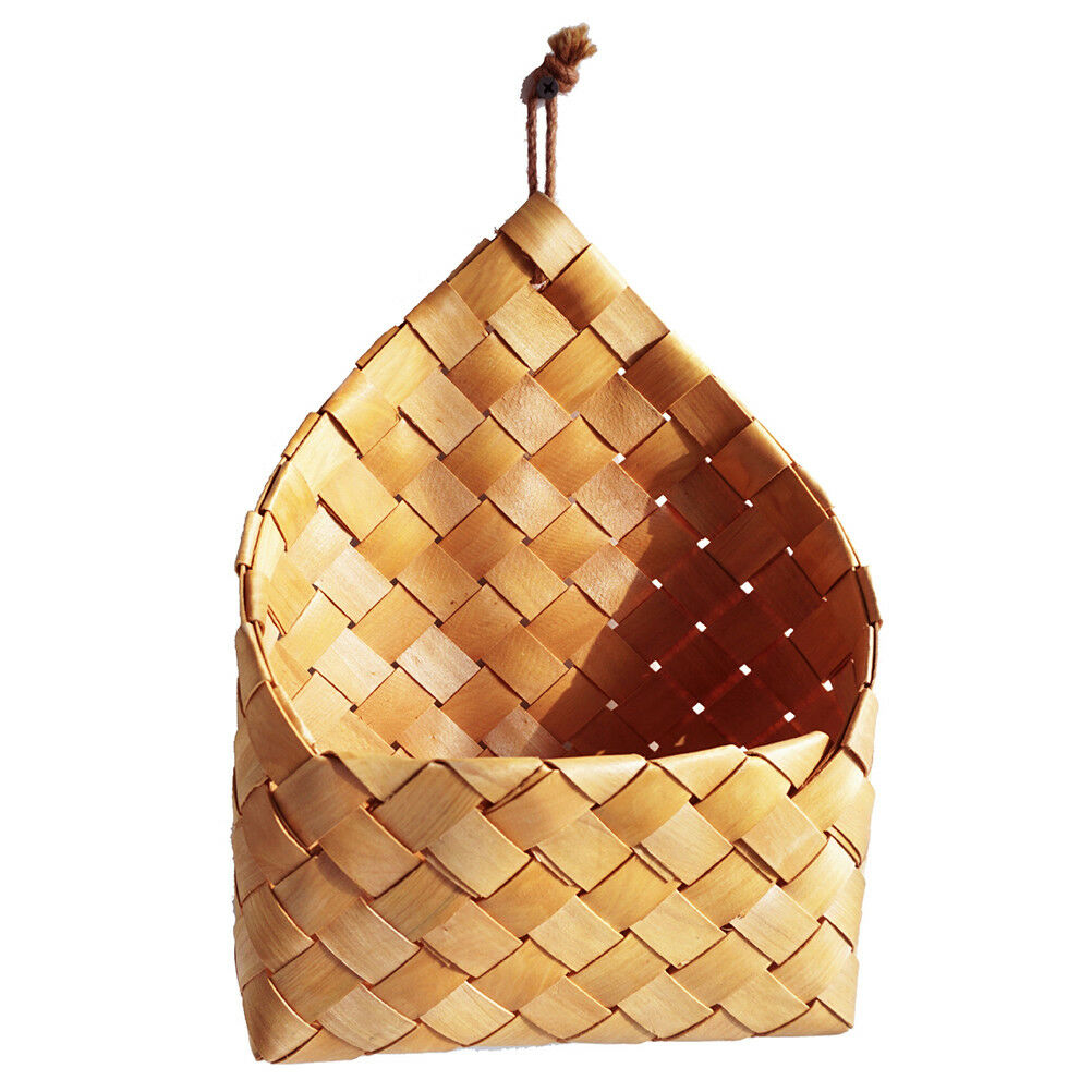 wicker brown wood wall hanging pocket basket flat back door decor country BDAU
