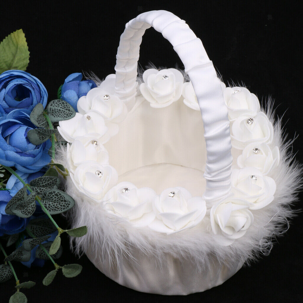 White Satin Feather Crystal Rose Wedding Party Ceremony Flower Girl Basket