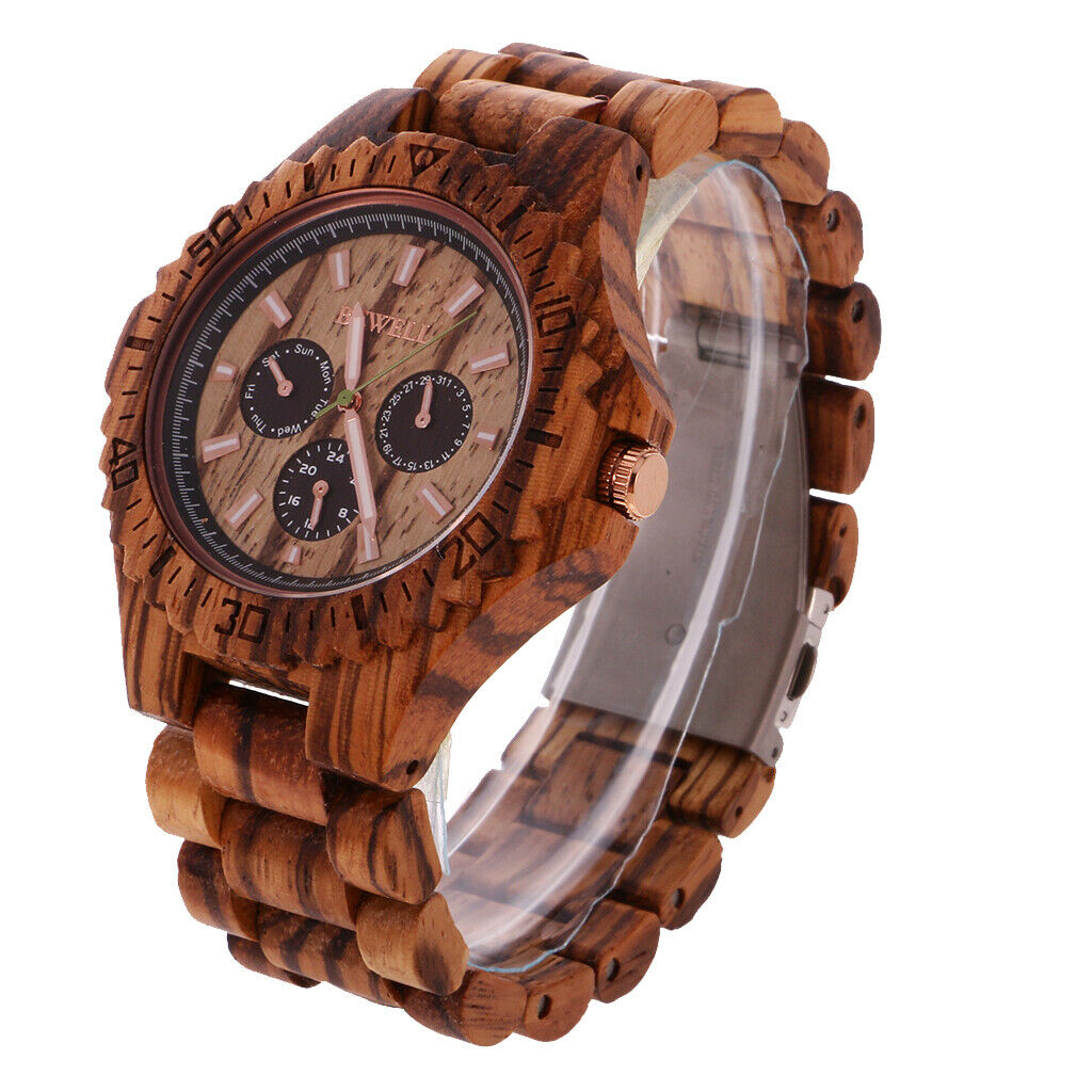 Mens Quartz Watch with Date Day Luminous Hands Lightweight Wooden Wristwatch