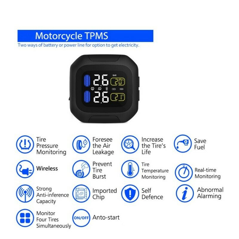 Waterproof Wireless Motorcycle TPMS Tire Tyre Pressure Monitor System 2sensor