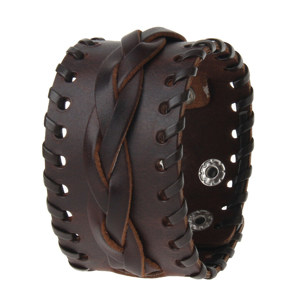 Mens Womens Wide Leather Belt Bracelet Cuff Wristband Steampunk Bangle Brown