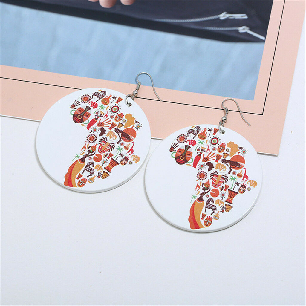 Color geometric round wood printing combination African map earrings wood