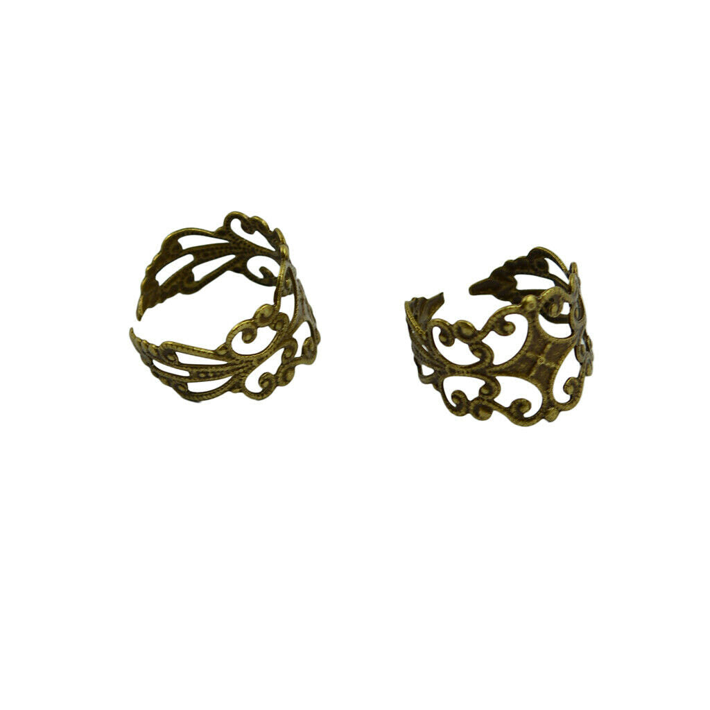 30Pcs/Set Filigree Finger Ring Cabochon Stamped Brass Blank With Flat Pad