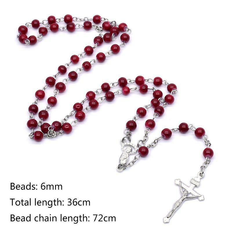 6mm Rosary Glass Beads Jesus Cross Pendant Necklace Charm Chain Jewelry Christ