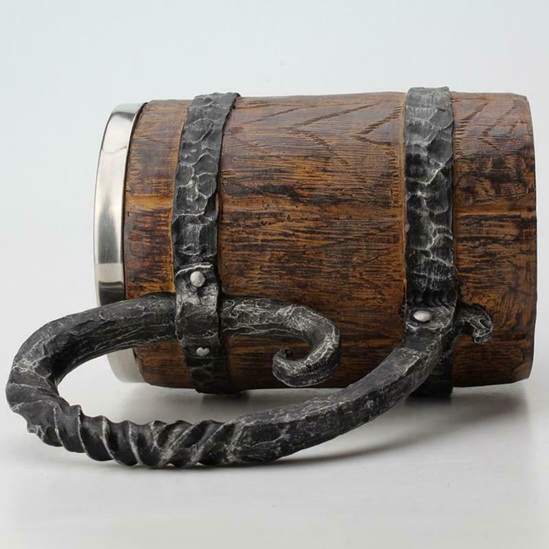Wooden Barrel Beer Mug,Bucket Shaped Drinkware With Handle,Stainless Steel Doubl