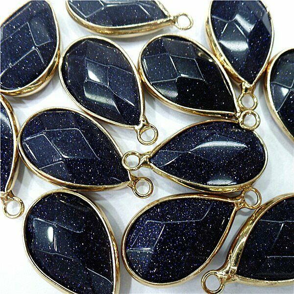 10Pcs 24x14x6mm Golden Wrapped Blue Sand Stone Teardrop Pendant Bead HH8066