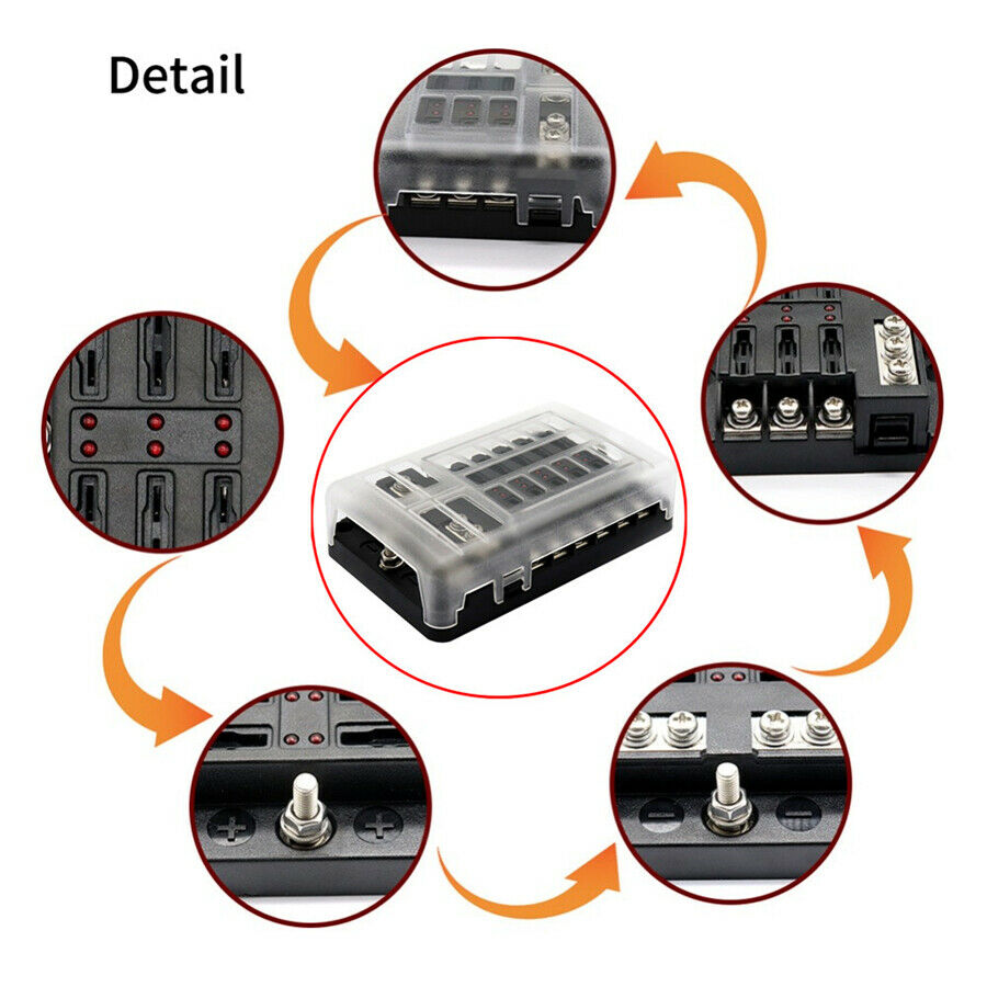 12-Way Blade Fuse Box Block Holder LED Indicator 12V 32V Auto Marine Waterproof