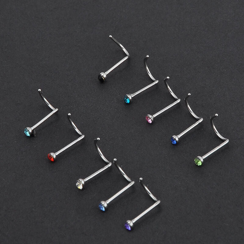 10x Rhinestone Piercing Screw Hoop Stainless Steel Nose Ring Studs Body Jewelry