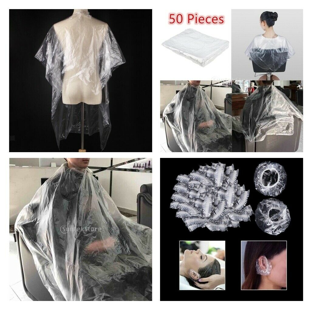 50 Pieces Disposable Hair Cut Salon Gown Capes Cloth Apron + 100x Ear Cover