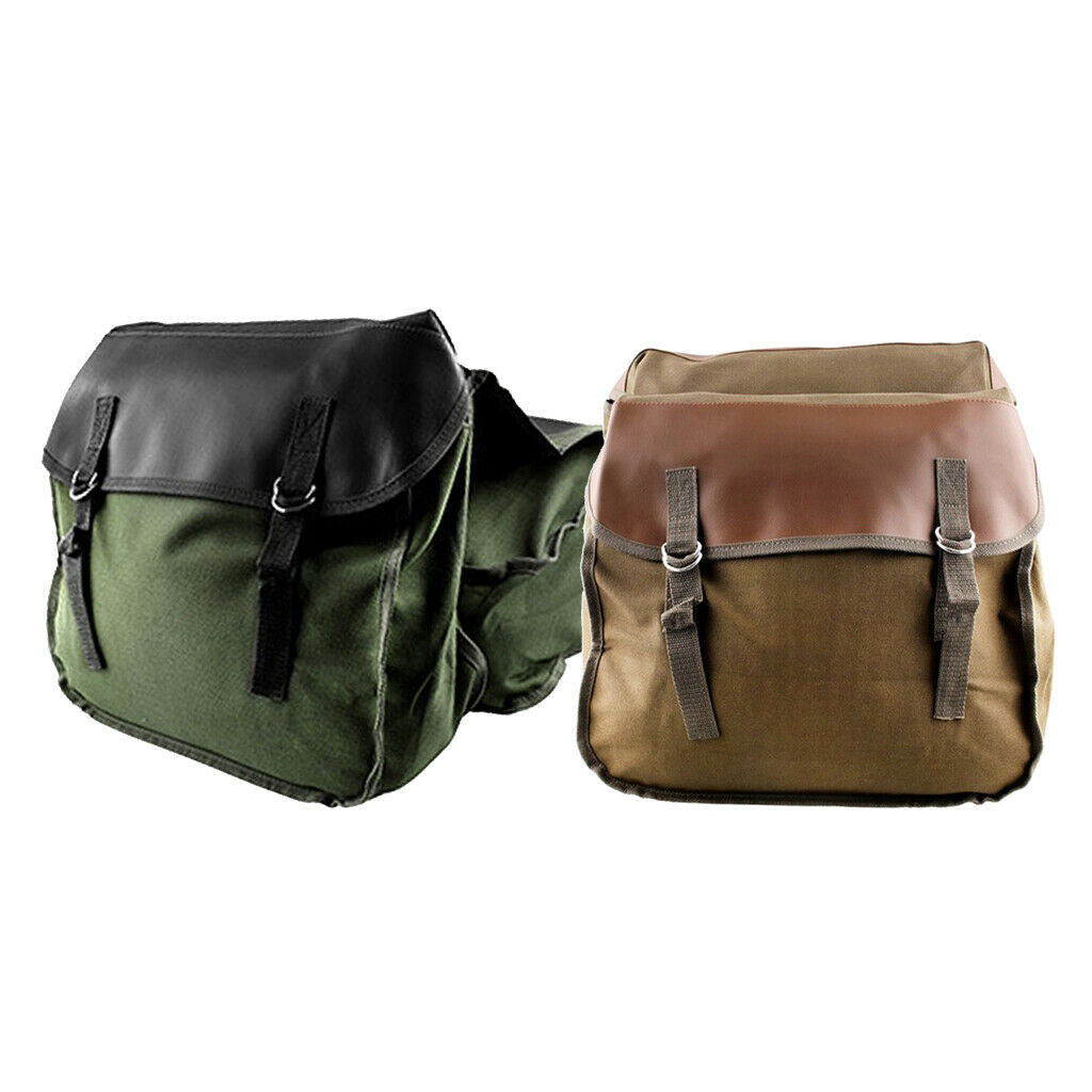 2Pcs Large Travel Saddlebag Heavy-Duty Canvas Motorbike Tail Bag Green+Brown