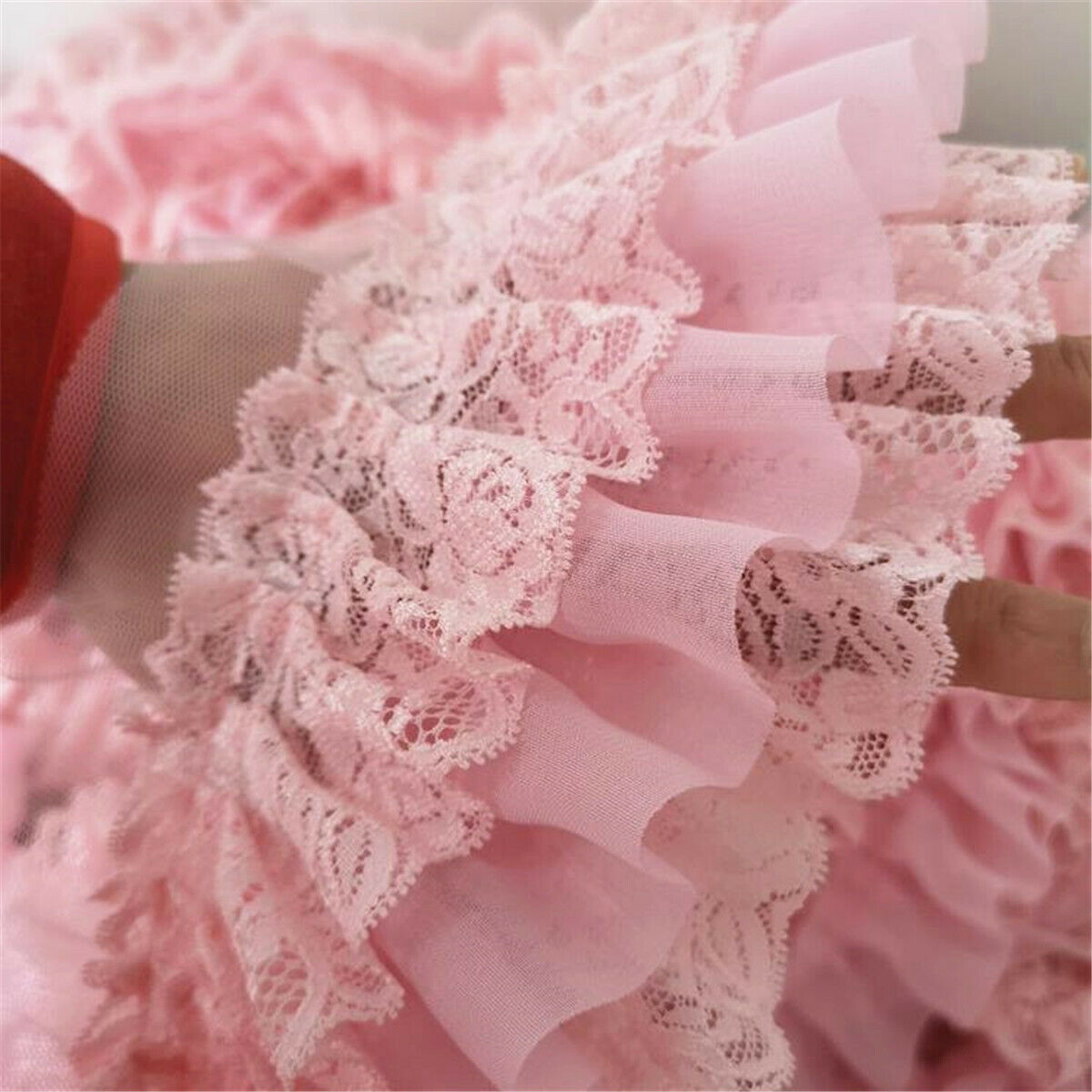 100CM Pink Chiffon Ruffle Lace Trim 3Layer Pleated Ribbon DIY Dress Sewing Decor