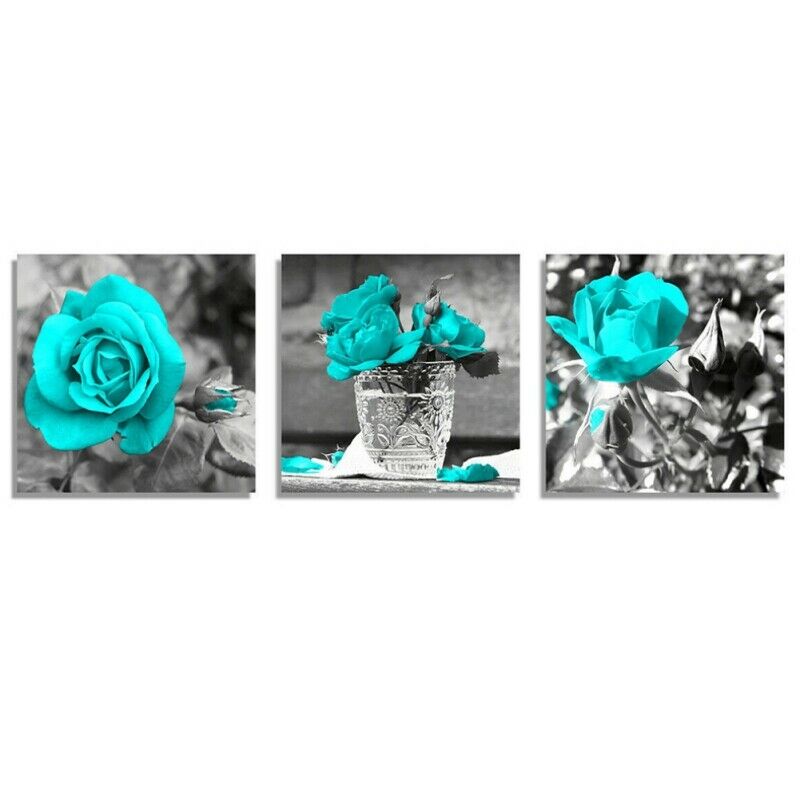 12x12â€ 3 Panels Canvas Wall Blue Rose Painting Pictures Wall Art Decor Home