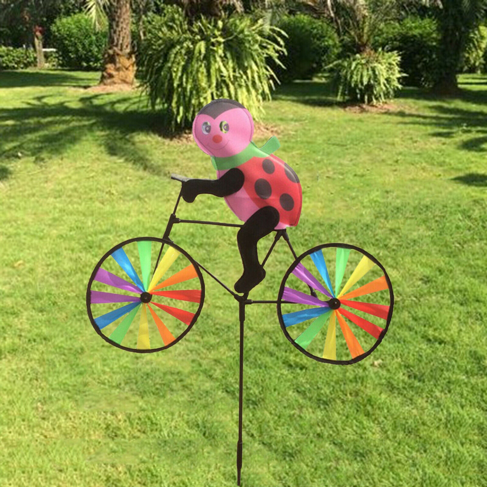 Outdoor Garden Stake Ladybird Riding Bike Windmill Wind Spinner Ornament