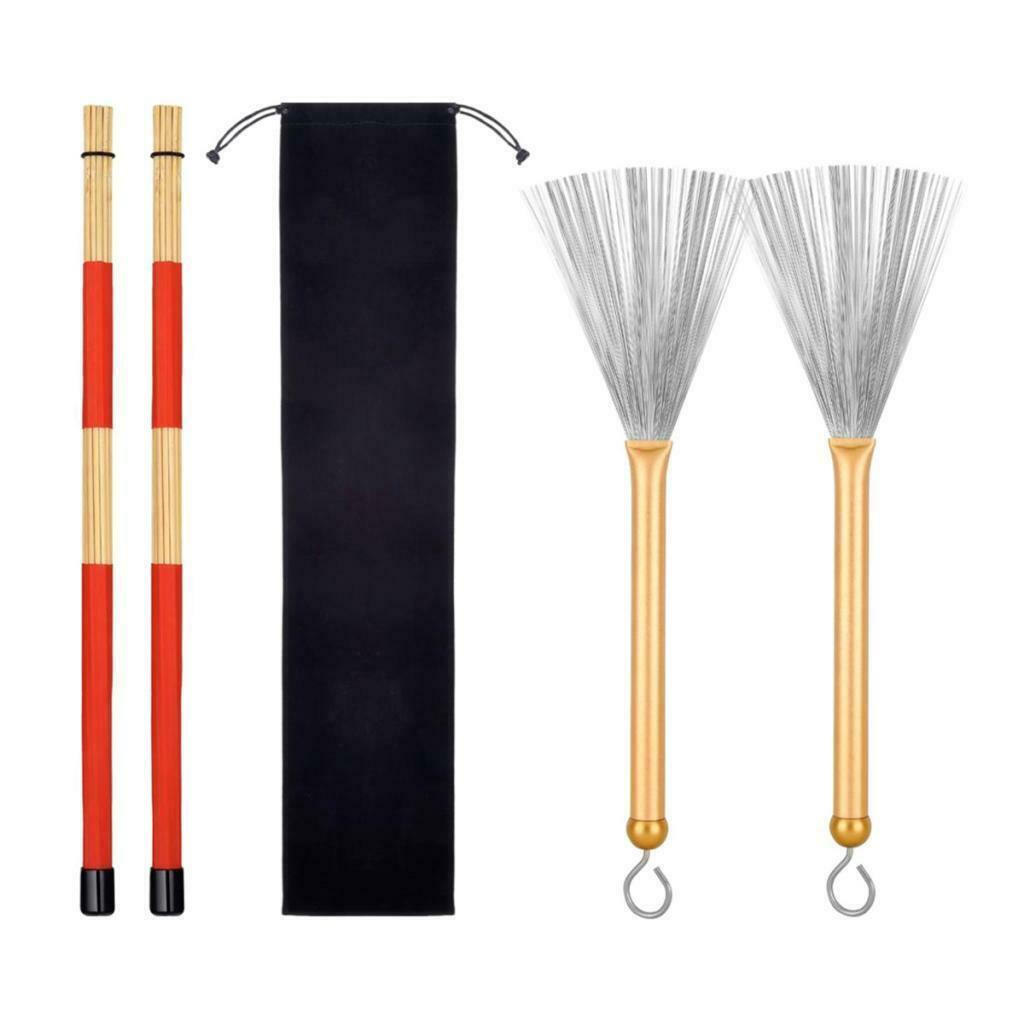 2Pairs Drum Sticks & Drum Wire Brushes & Storage Bag For Music Lover Golden