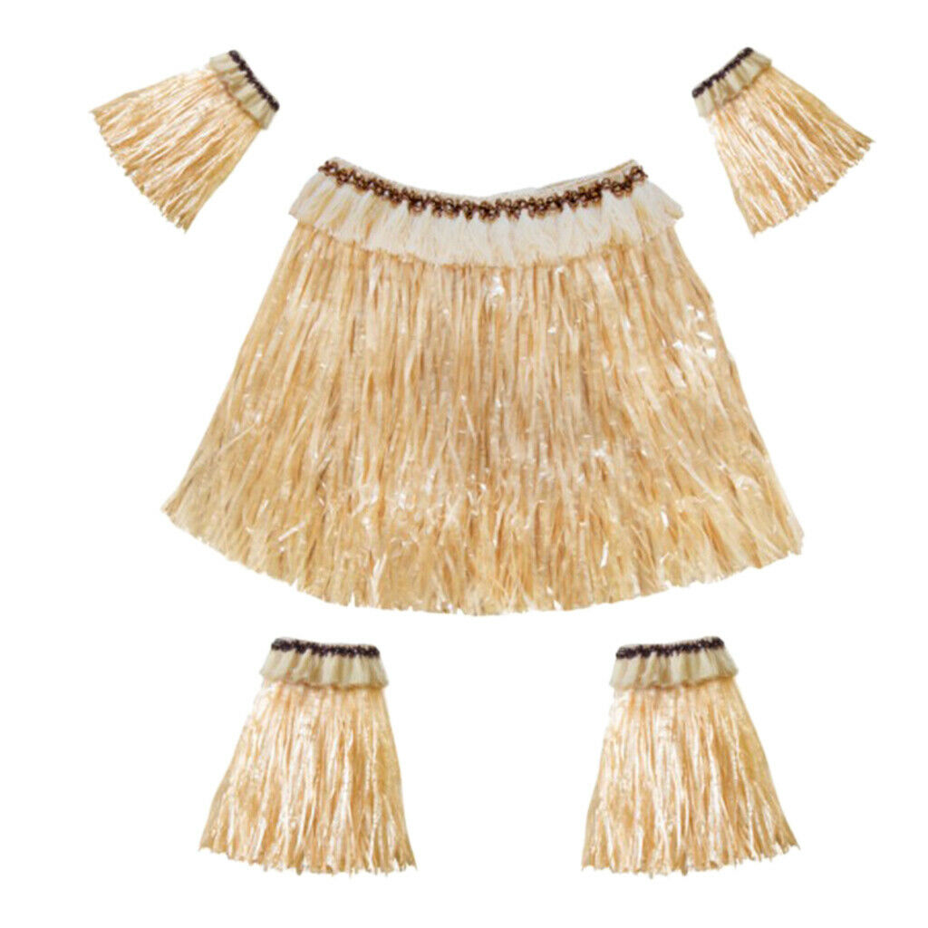 Adults Hawaiian Hula Grass Skirt Arm Leg Sleeves Fancy Dress Costume Sets