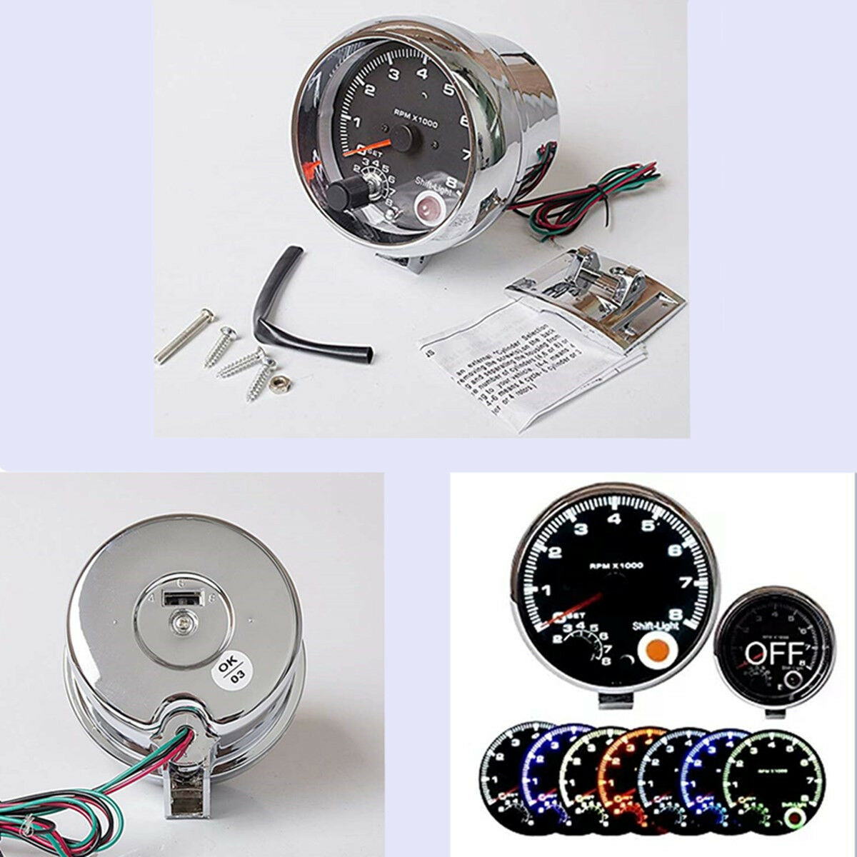 3.75" Car Tachometer Gauge 7 LED Colors Adjustable 0-8000 RPM Shift-Light