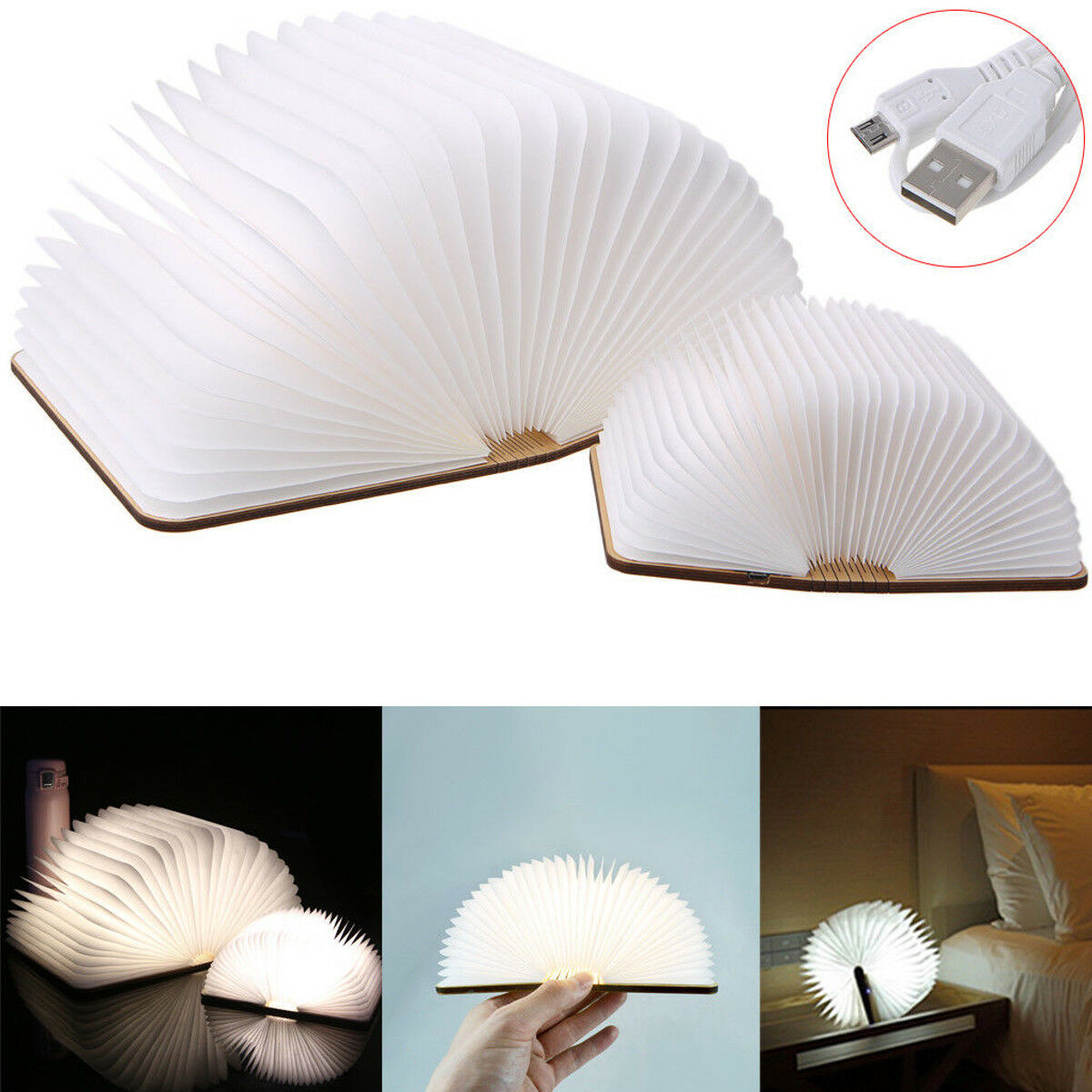 Home Decor Wooden Cover Folding Book LED Lamp USB Rechargeable Desk Night Light