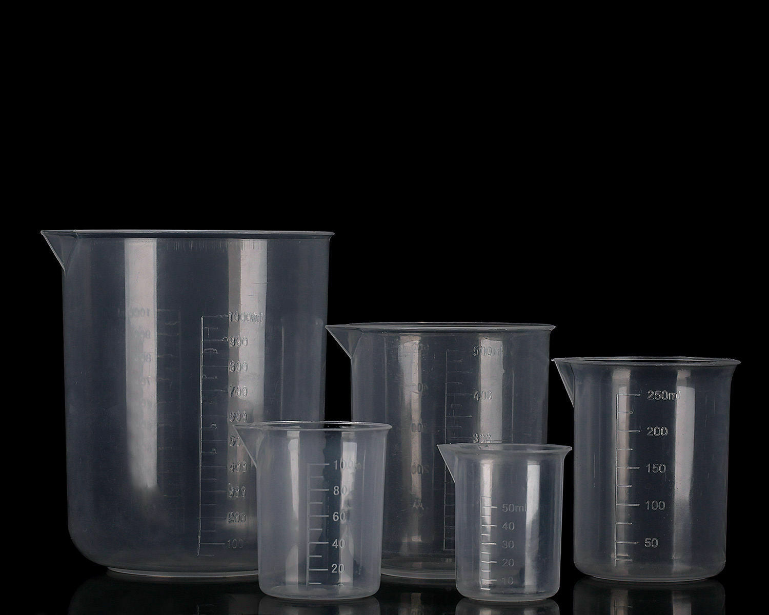 Labs Plastic Beakers Set Measuring Cups - 5 Sizes - 50, 100, 250, 500 and 1000ml