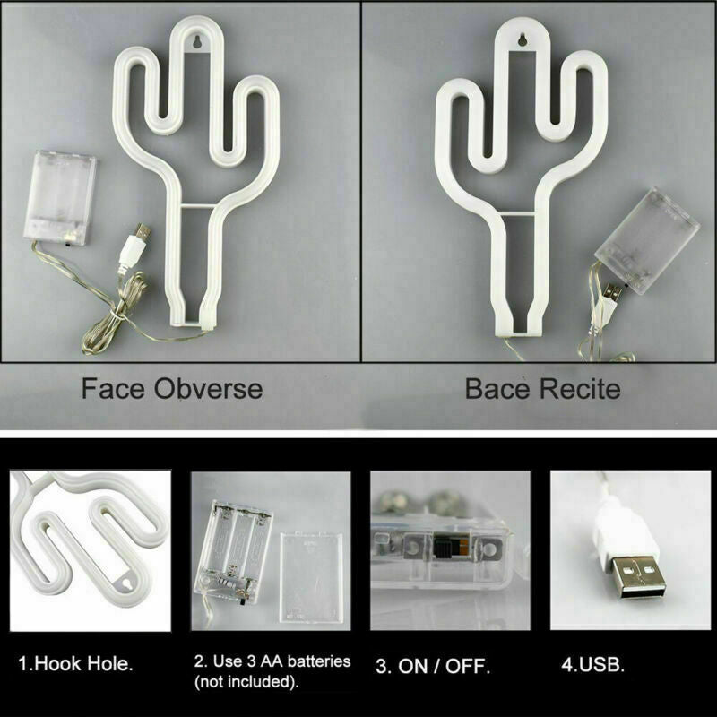LED Cactus Neon Light Signs Wall Lamps Battery USB Operated for Kids Room Decor