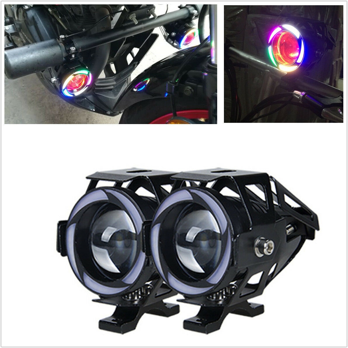 1 Pair 125W  U7 LED Motorcycle Headlight Spot Fog Light Projector Angel Eyes
