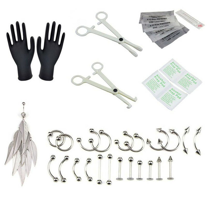 33PCS/Set Body Piercing Jewelry Tool Belly Tongue Eyebrow Nipple Lip Needles Fx