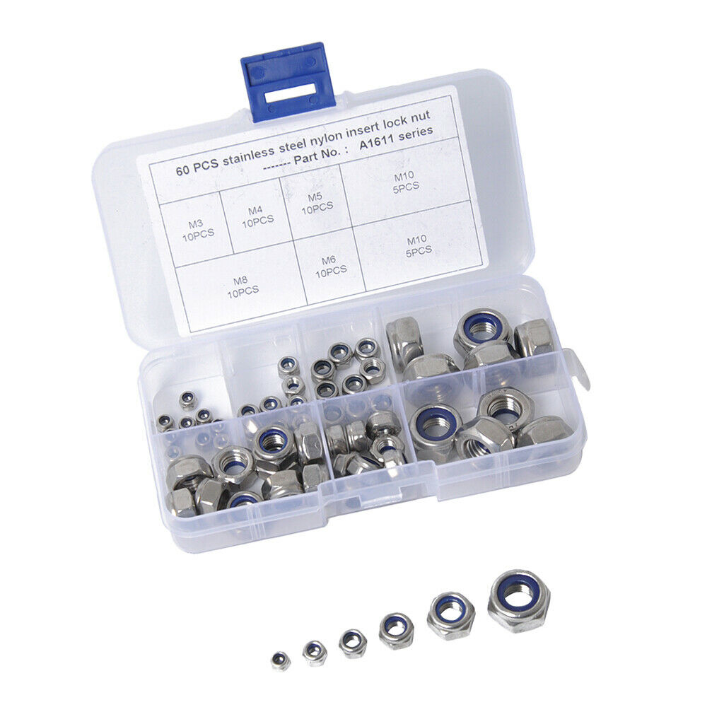 Set Of 60 Stainless Steel M3 M4 M5 M6 M8 M10 Nylock Insert Lock Hex Nuts