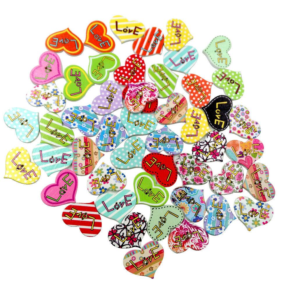 50x Love Heart Shape Flatback Wooden Buttons Scrapbooking Embellishment 25mm