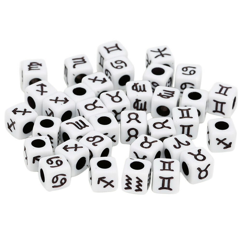 100x Black Acrylic Cube Beads with Zodiac Designs DIY Jewelry Charm