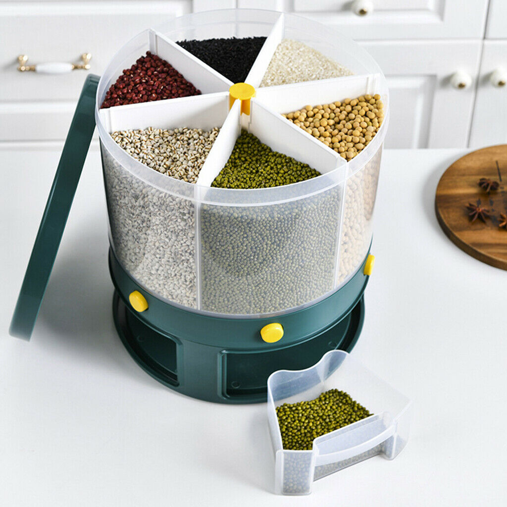 Rice Dispenser Cereal Storage Container Box Case 6-Grid Rotating with Lid