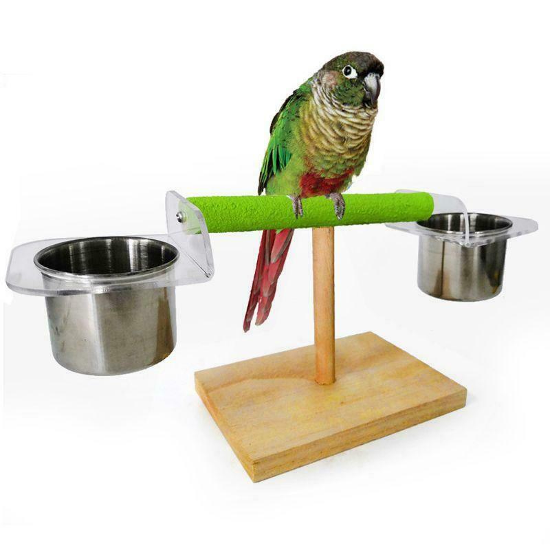Bird Play Stands with Feeder Cups Wood Parrot Table Perch Shelf Cage Playground