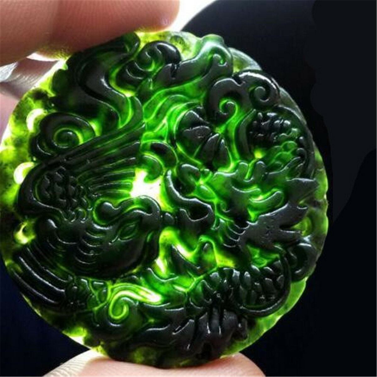 Chinese Natural Black Green Jade Pendant Dragon & Phoenix Good Lucky Amulet Gift