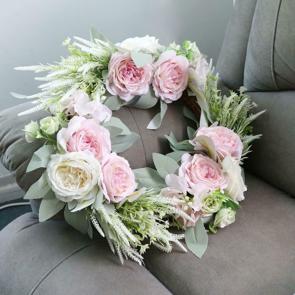 Artificial Flower Front Door Wall Wreath Garland Rose Wreath 45cm Pink