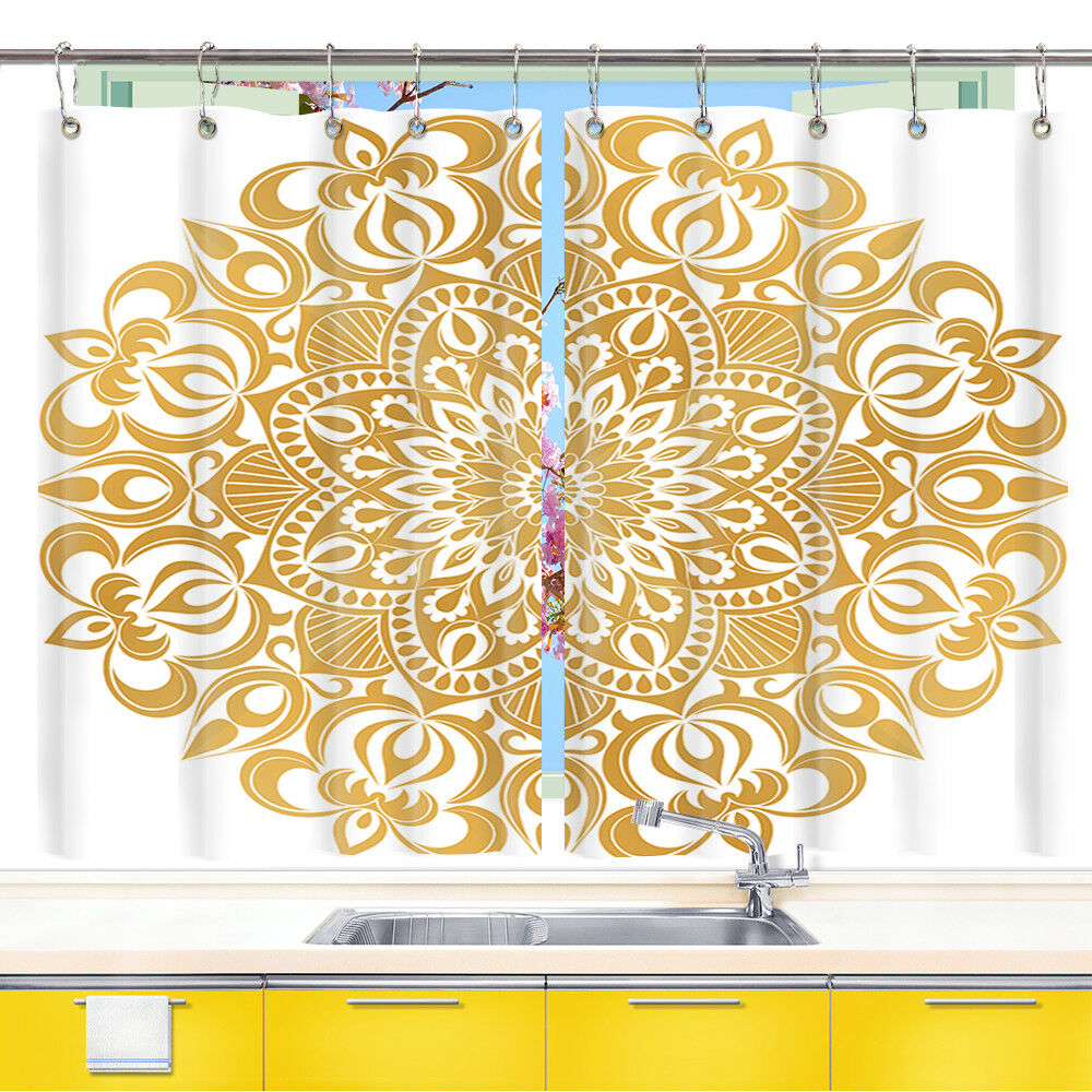 Golden Mandala Window Treatments for Kitchen Curtains 2 Panels, 55X39 Inches
