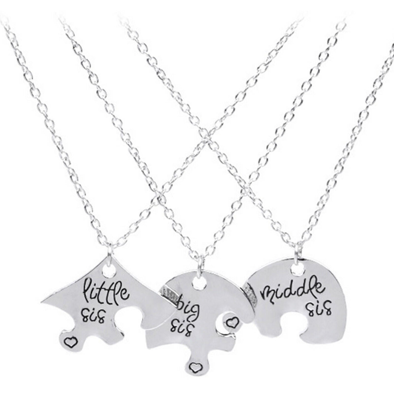 3 in 1 Heart Puzzle Shape Sister Little Sis Middle Sis Big Sis Pendant Necklace