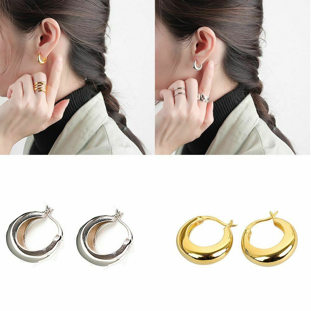 2 Pairs Women Classic Chunky Hoop Jewelry Accessories Circl Hoops Earring
