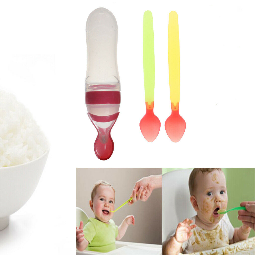 Kids Baby Silicone Feeding With Spoon Feeder Food Bottle+Heat Sensing Spoon