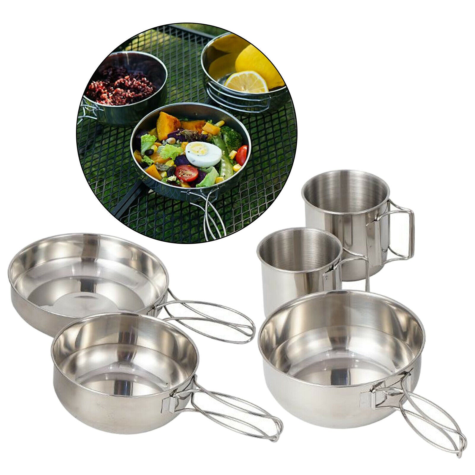 5Pcs Portable Outdoor Camping Stainless Steel Cooking Bowl Pan Cookware Set