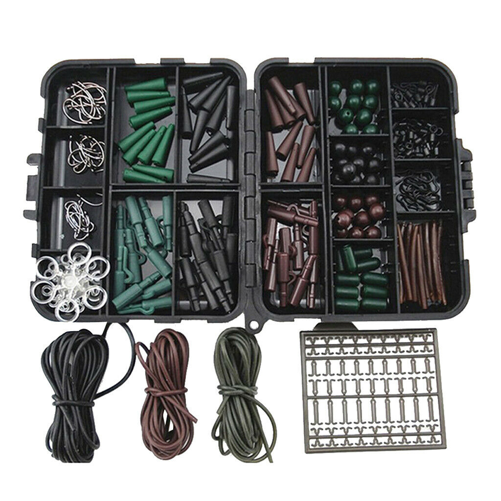 Carp Fishing Hair Rigs Set Clips Hooks Rubber Tubes Swivels Beads Tackle Box