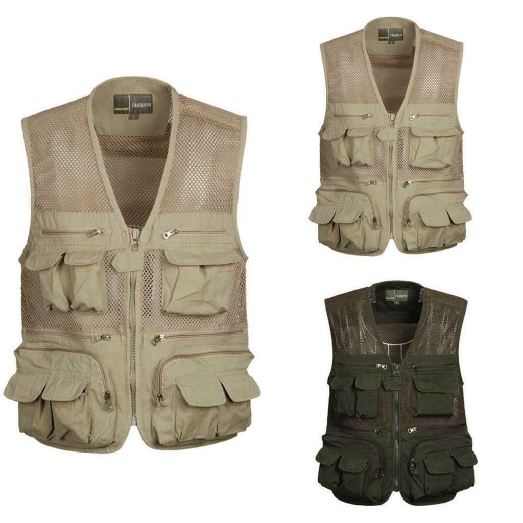 Men's Multi Pocket Zip Vest Hunting Fishing Outdoor Quick Dry Jacket Khaki L