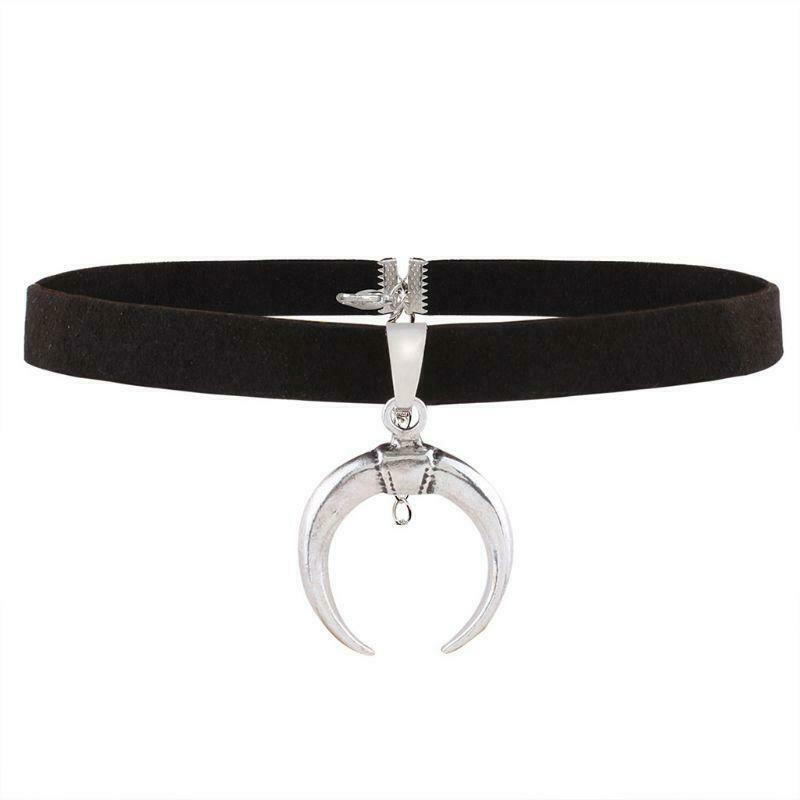 Black PU Velvet Ribbon Choker Necklace Gothic Handmade Moon Pendant Sexy Simple