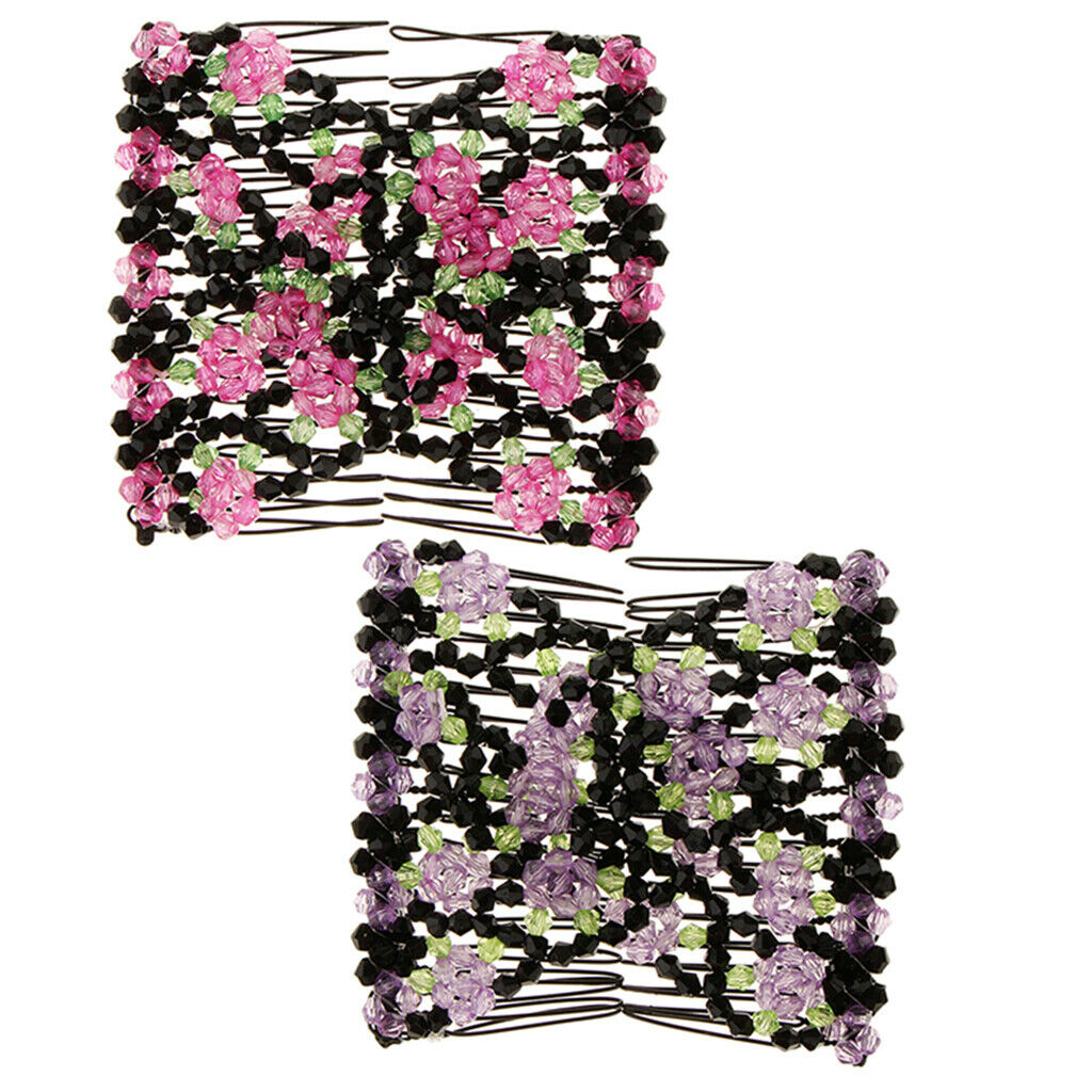 2x Comb Hair Flowers  Acrylic Beads Hair Comb Clip Elastic Hair Clip Women Girls