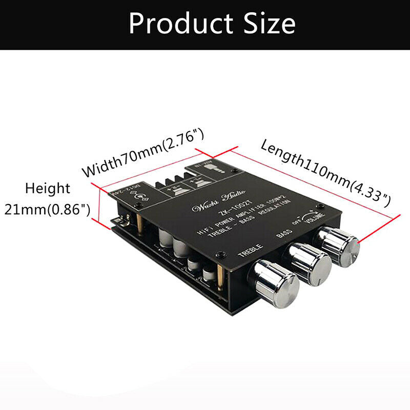 ZK-1002T 100W*2 Bluetooth 5.0 Amplifier Board 2-Ch Stereo Amplifier Treble BBDA