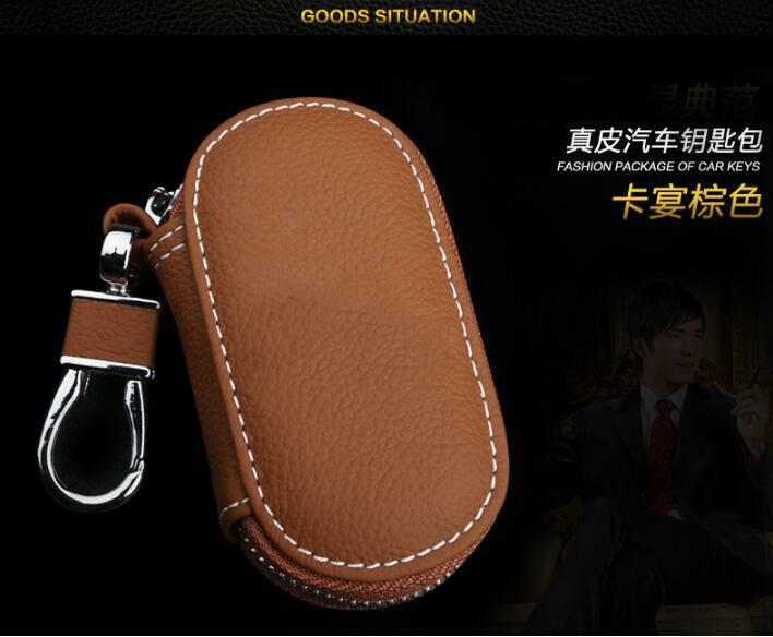 1pcs Universal Top Layer Leather Car Smart Remote Key Holder Bag Fob Case Brown