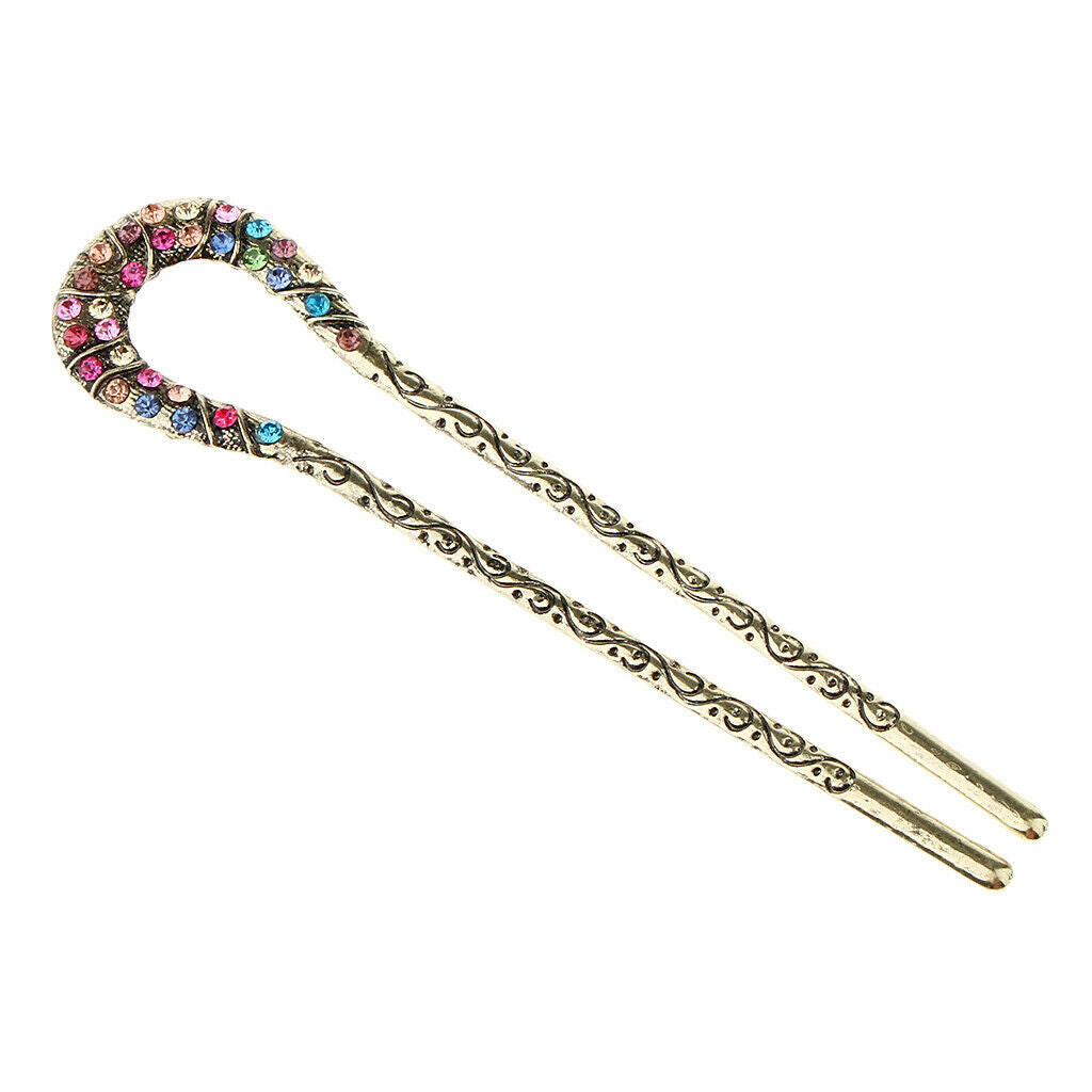 Retro Chinese Rhinestone Fork Hair Stick Wedding Bridal Chignon Pin Colorful